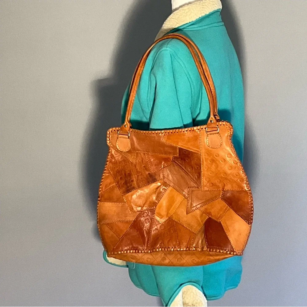 Handcrafted Patchwork Leather Tote Rose Appliqué Free People Anthro Festival - Picture 9 of 13